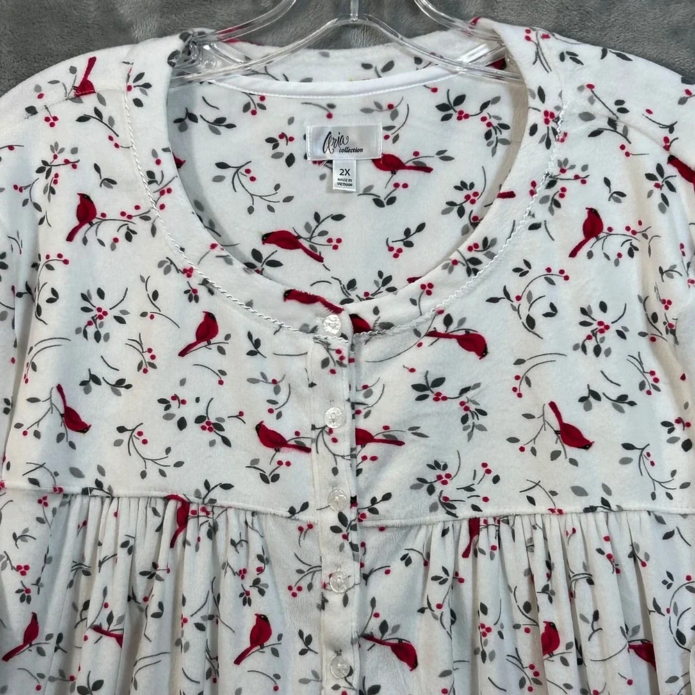 Aria Collection Womens 2X Nightgown Fleece Cardinal Bird Winter White Red Pocket